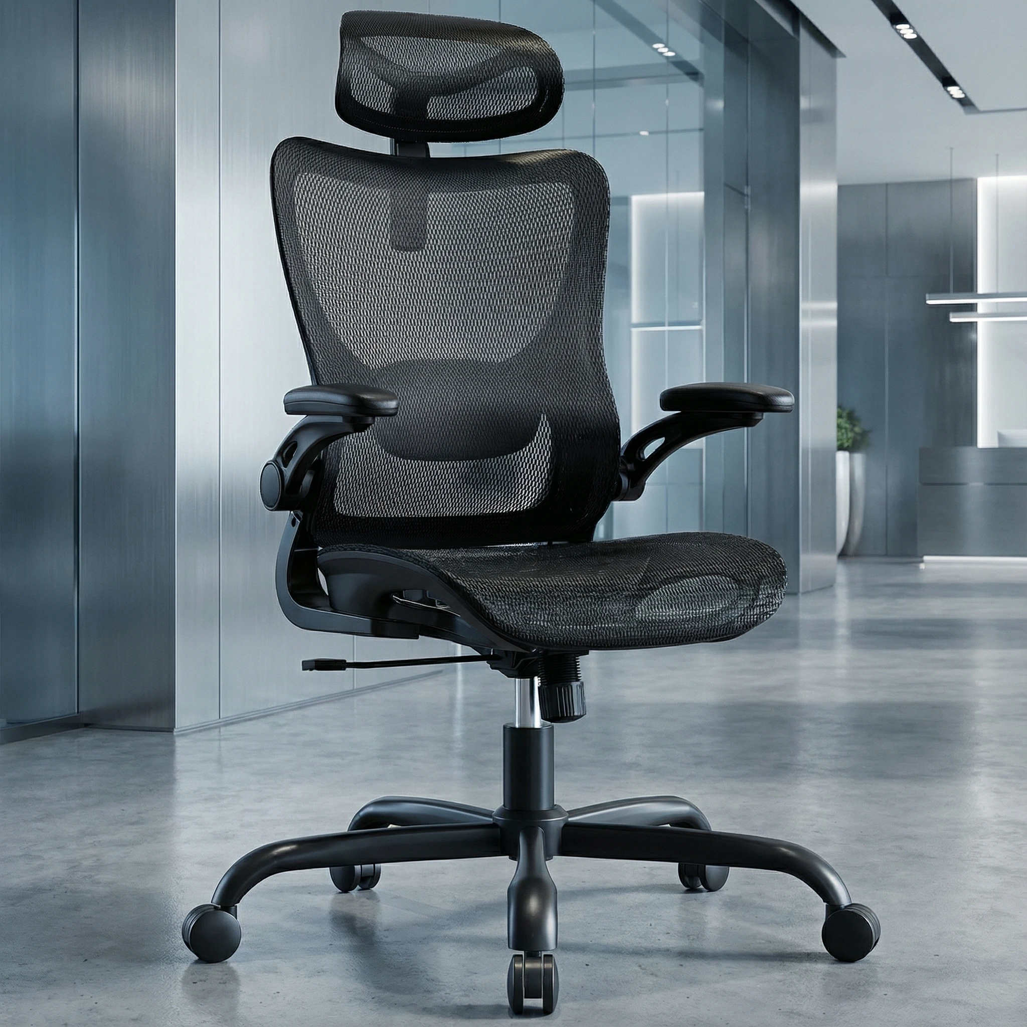 Ergonomic Mesh Office Chair with Adjustable Lumbar Support | 3D Flip-Up Armrests, 2D Headrest, Breathable Mesh Back, Reclining Function, Smooth-Rolling Casters, Height Adjustment