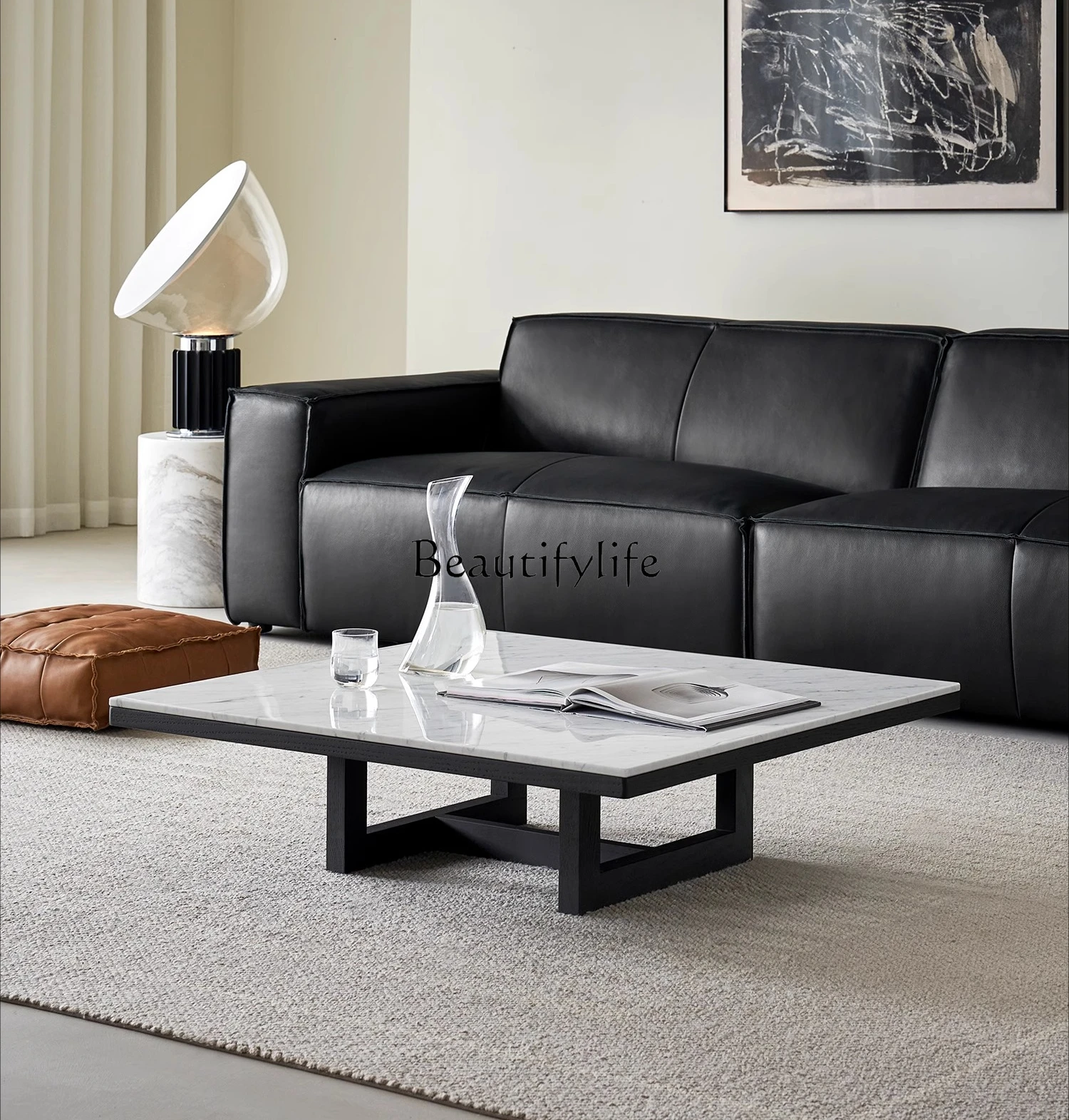 

Marble North American imported oak square coffee table living room black solid wood simple tea table