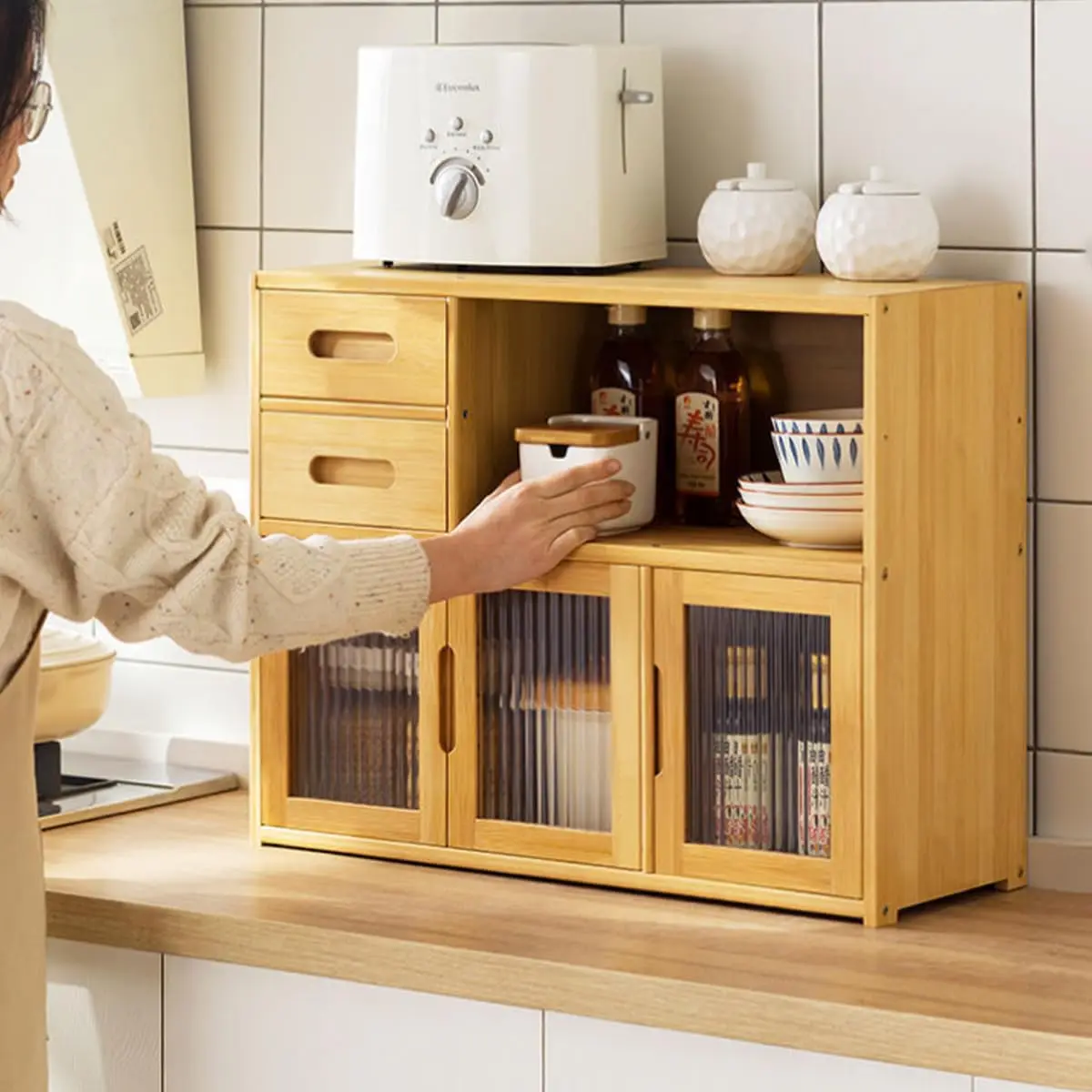 Gdrasuya10 Bamboo Countertop Shelf Storage Cabinet Kitchen Pantry, Medium Kitchen Pantry Sideboard with 2 Drawers Freestanding K