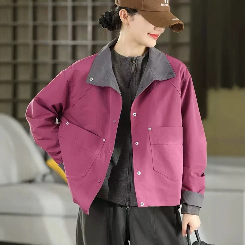 Women Stand Collar Jacket Reversible Double Sided Wear Long Sleeve Snap Button Loose Casual Outerwear Spring Autumn Coats M2977