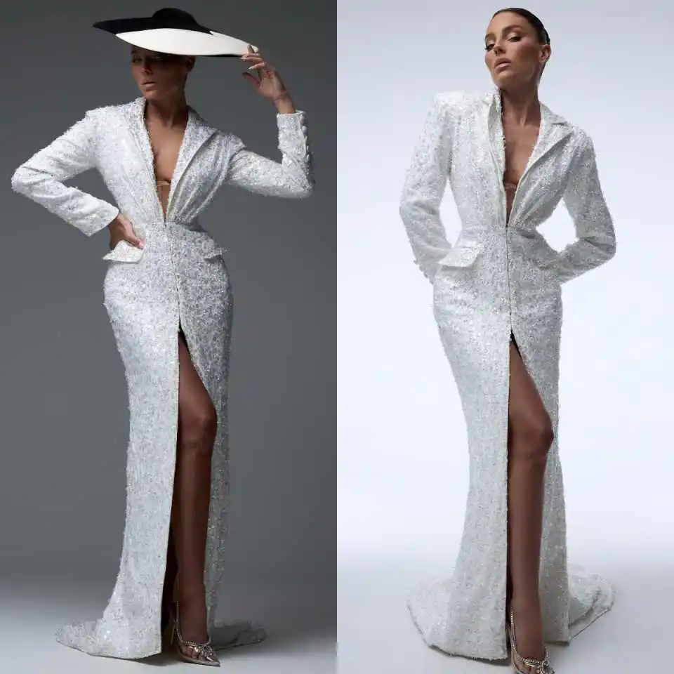 Striking Sequined Lapel Evening Outfit Long Sleeve Deep Slit Mermaid Train Robe For Banquet Pageant Premium Celebration Custom