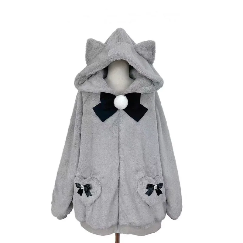 Japanese Y2K subculture long sleeve hoodies winter new Kawaii Harajuku bow design coats women's zipper loose sweet clothing tops