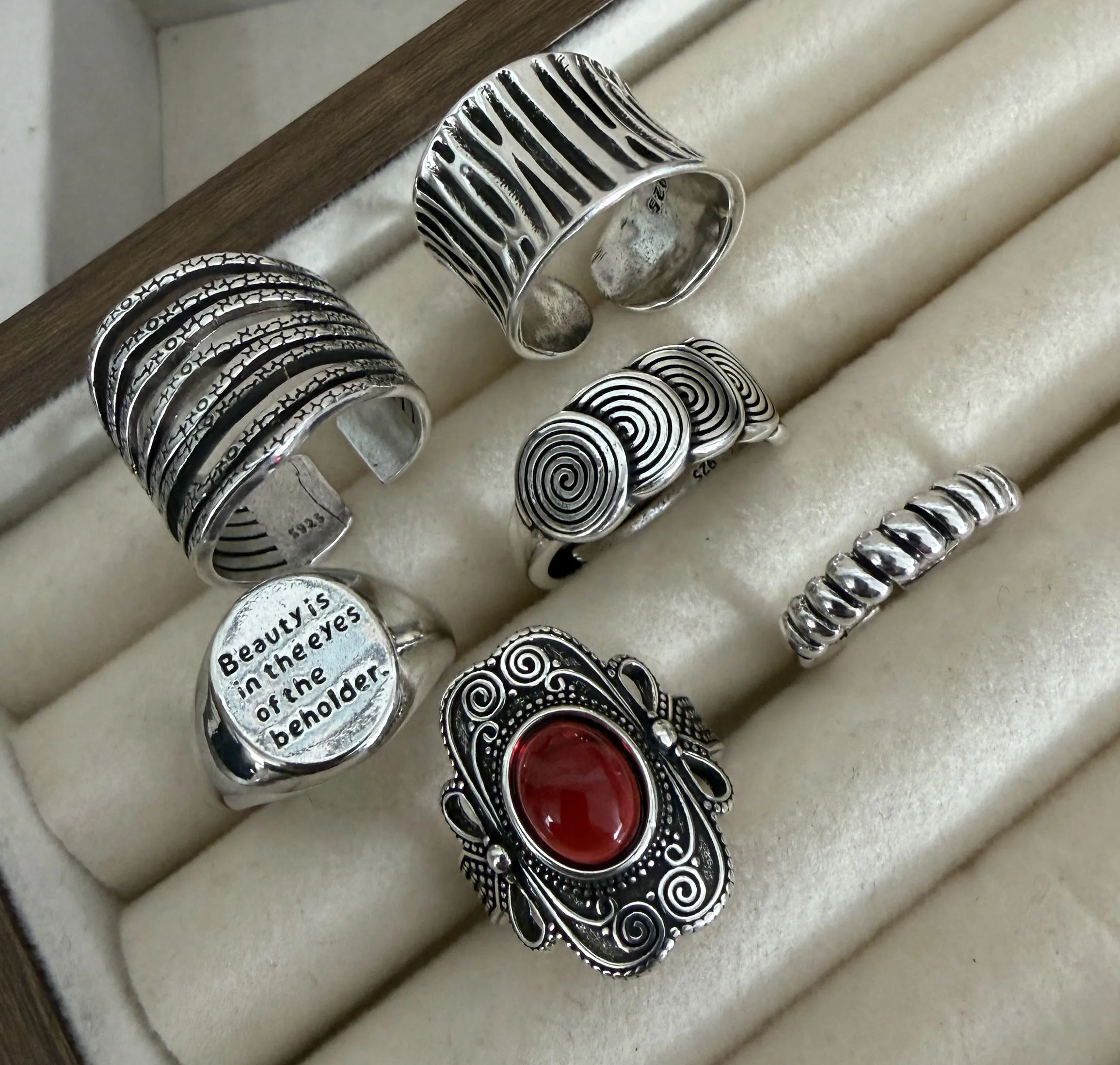 925 Sterling Silver Rings for Women Couple Minimalist Handmade Simple Wide Retro Red Ring Set Party Jewelry Gift Prevent Allergy