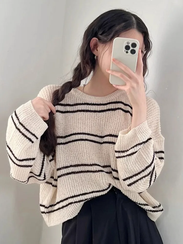 Korean Chic Sweaters Women's Clothes Long Sleeve Casual Jumper Sueter Mujer Korean Knitting Thin Striped Pullovers Pull Femme