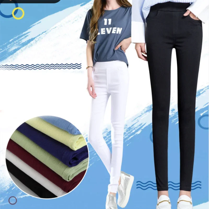 Women Summer Casual Mid Waist Stretch Skinny Pants White Pencil Pantalones Solid Color Basic Capris Ankle Length Leggings