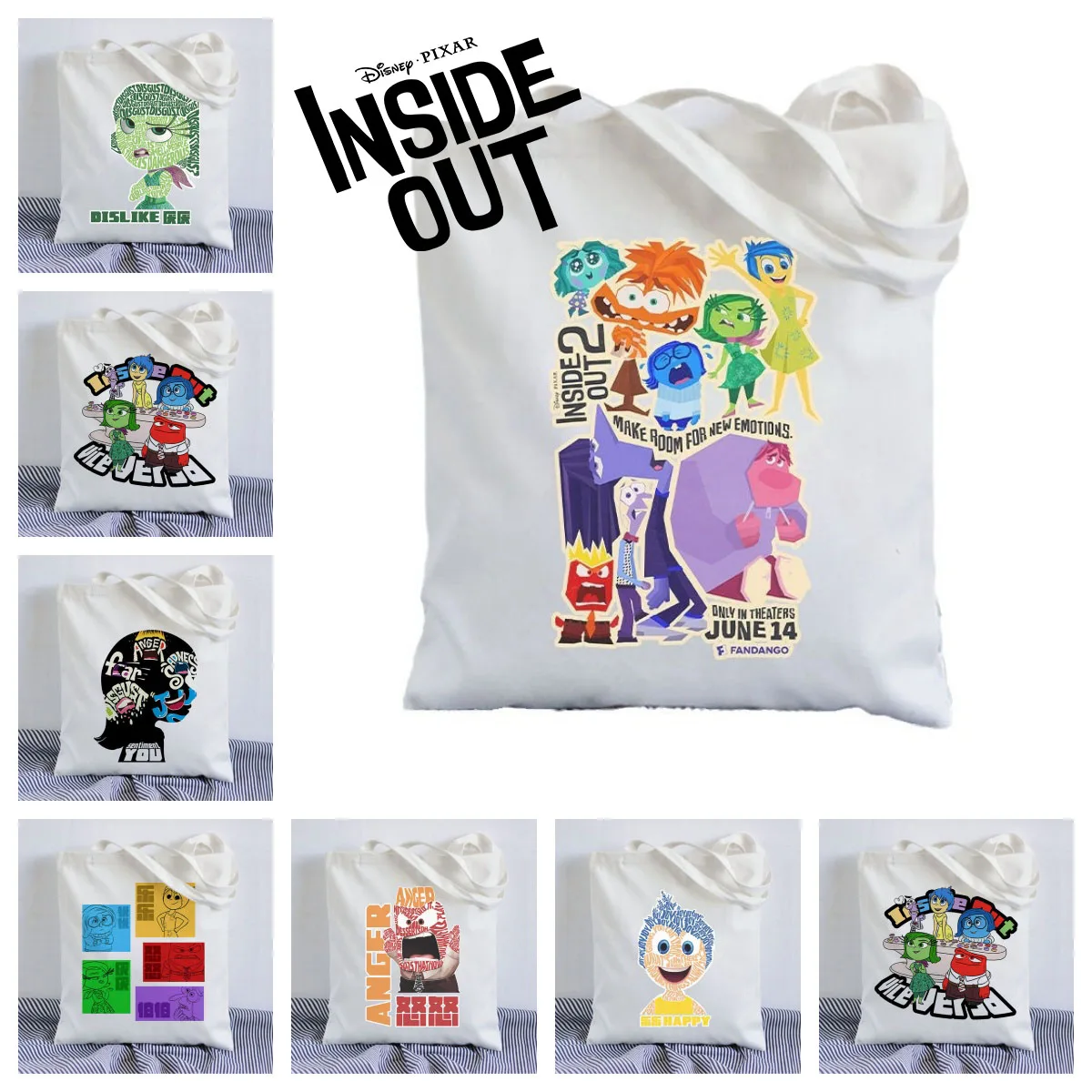 

Disney Movie Inside Out 2 Fun Lovely Printed Canvas Bag Summer Hundred Men and Women Two Yuan Leisure Peripheral Handbag