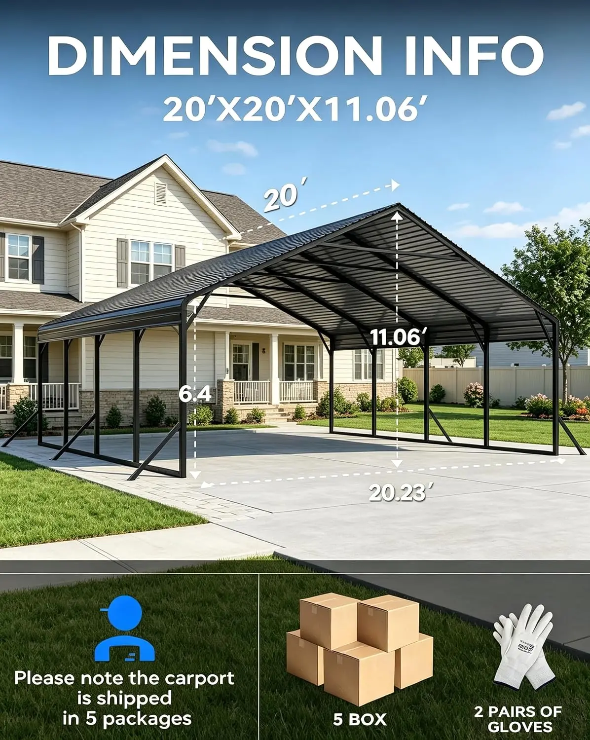 20x20 FT Heavy Duty Metal Carport Galvanized Steel for 2 Cars, Customized