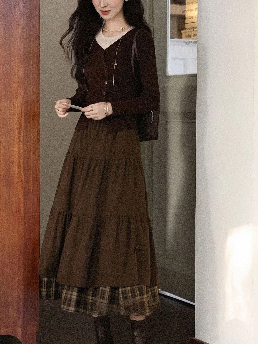 Khaki Plaid Long A-Line  Skirt Women's Autumn Winter Korean Style Retro High Waist Slimming Corduroy Half-length Skirt