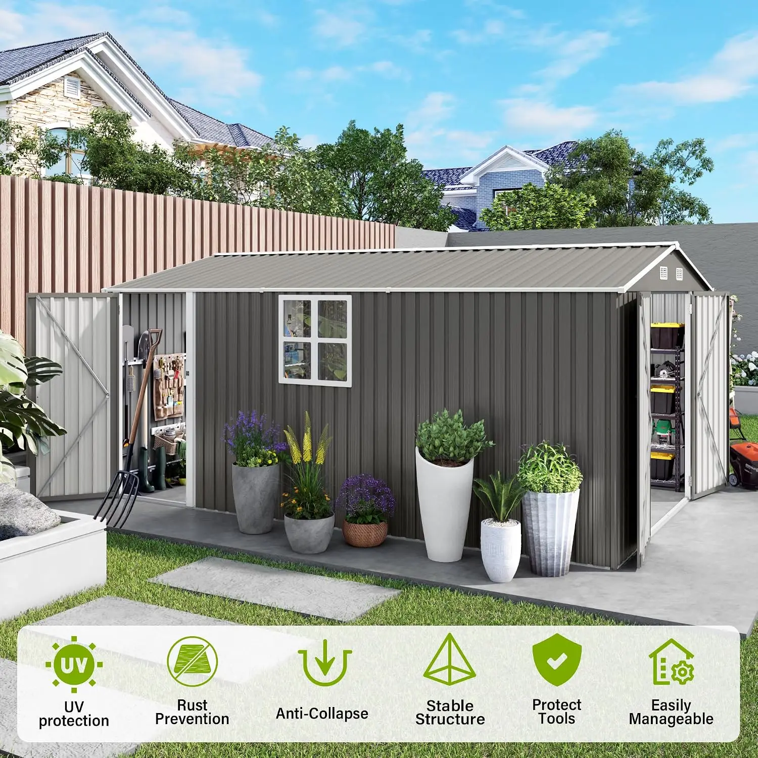 10x14 FT Metal Outdoor Storage Shed with Side Door 2 Windows 4 Air Vents Waterproof Garden Tool Shed for Backyard, Customized