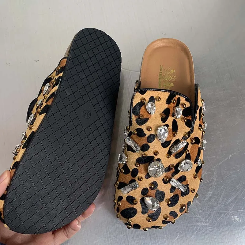 Women Shoes Leopard Mules Flat Slippers Rhinestones Slides 2024 Summe New Thick Sole Casual Luxury Shallow Flat Slippers