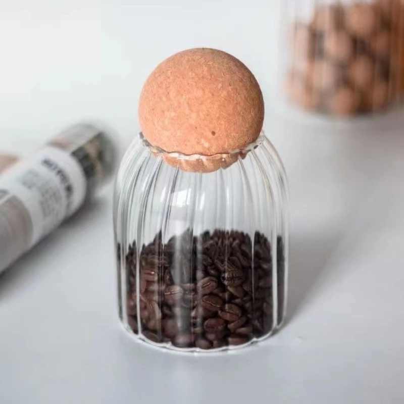 Glass Stripe Glass Storage Bottle with Cork Ball Lid Coffee Beans Jars Transparent Home Kitchen Organizer and Storage Containers