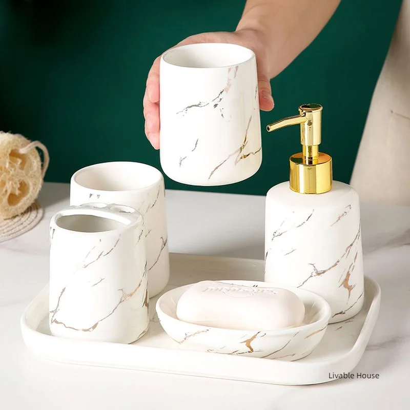 Marbling Ceramic Bathroom Wash Supplies Lotion Bottle Mouth Cup Set Toothbrush Holder Soap Dish with Tray Bathroom 5-piece Set