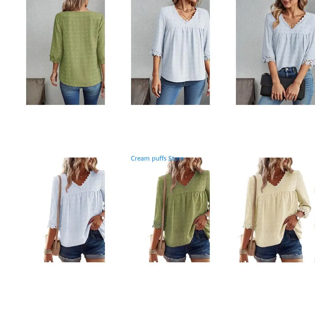 

50LE Tops for Women Three-quarter Sleeves Shirts Vneck Flowy Womens Blouses Casual LaceClothing Trendy