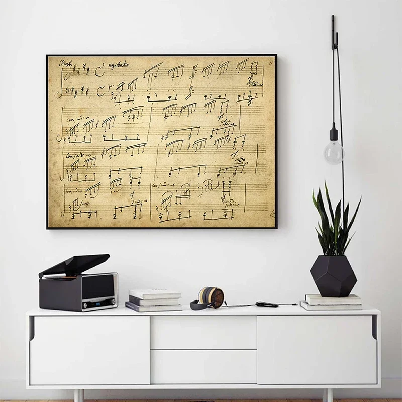 Póster Vintage de Sonata con luz de luna, puntuación manuscrita, pintura en lienzo, música Beethoven, impresiones artísticas de pared, decoración elegante para el hogar