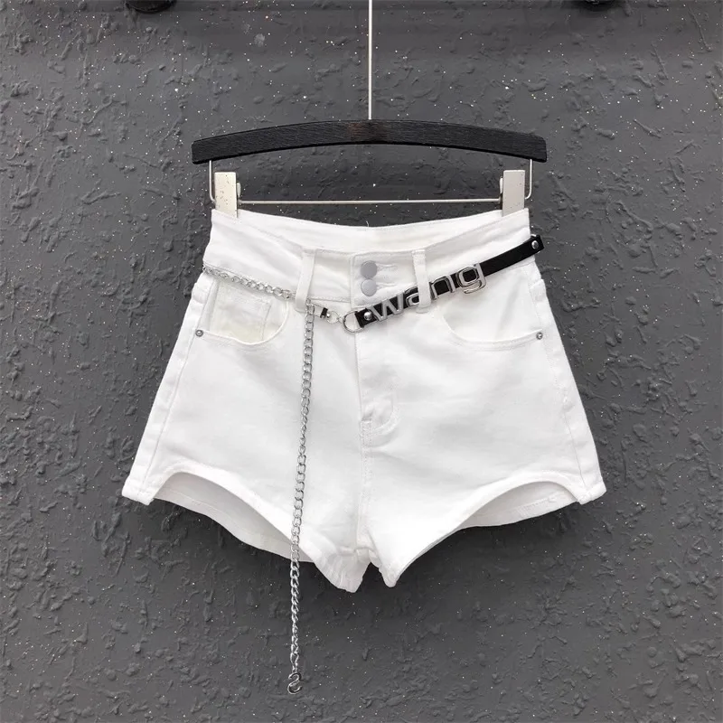 

High Quality Irregular Design White Denim Shorts For Women's Fashion Jeans New Summer Loose A-line Wide-Leg Hot Pants