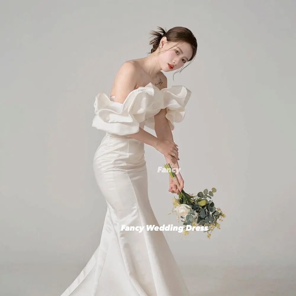 Fancy Princess Off Shoulder Wedding Dress Mermaid Korea Photo Shoot Evening Gown Soft Satin Customized 웨딩드레스