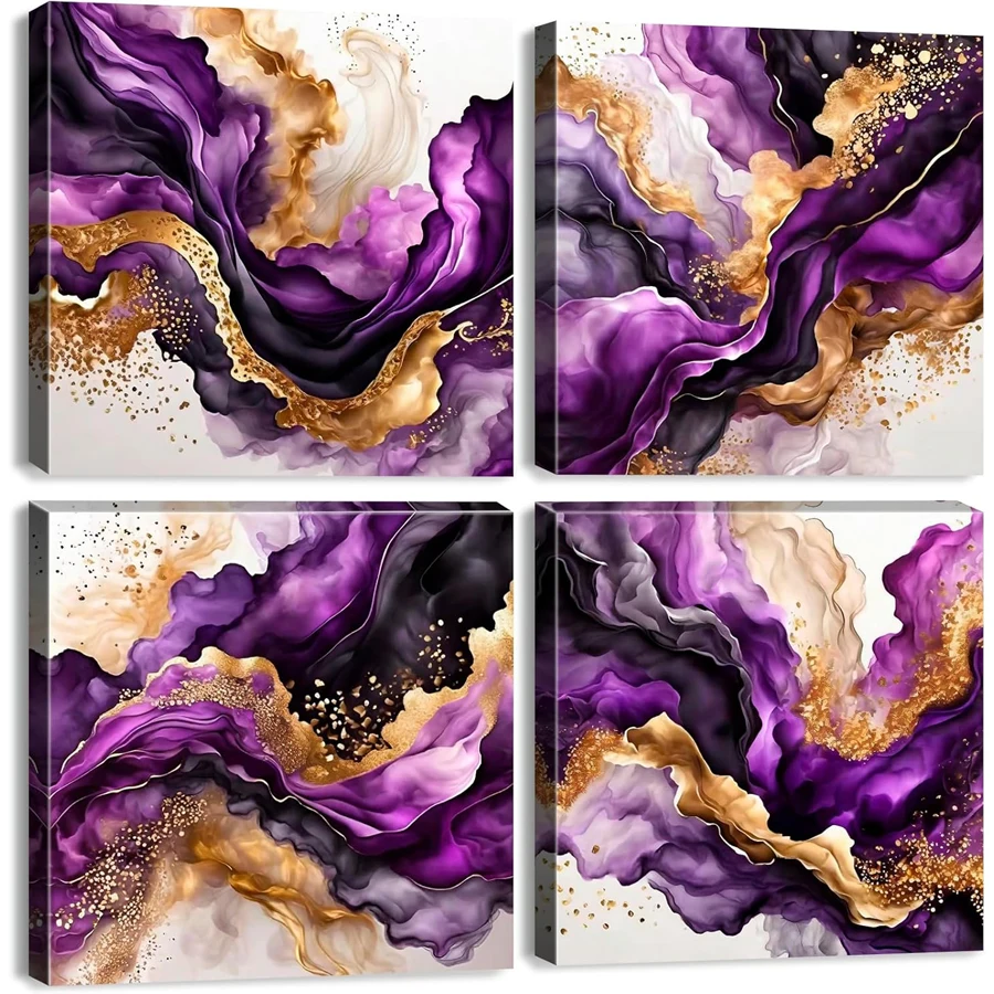 

Purple diamond painting full drill Bathroom Abstract Gold and Purple 4pcs diamond embroidery Wall Decor Colorful mosaic craft