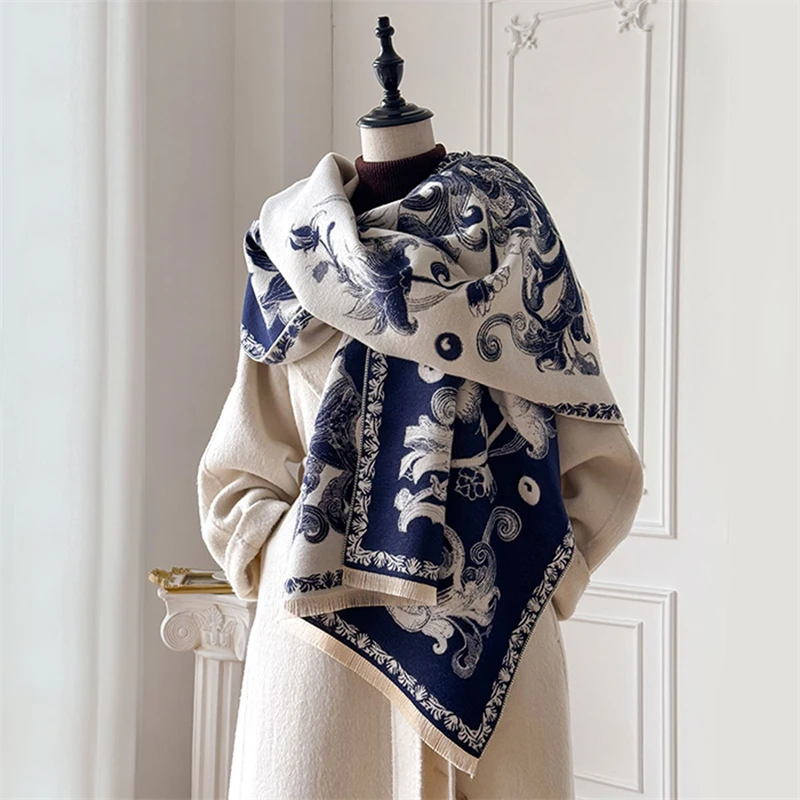 

2025 зимний кашемировый шарф для женщин, роскошная теплая шаль с цветочным принтом, ветрозащитная накидка, пашмина, дизайнерский женский шарф