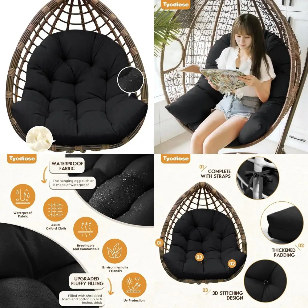 

Водонепроницаемая подушка для уличного стула-яйца, U-образная утолщенная подушка для подвесного стула-качалки, 47x33x7, черный