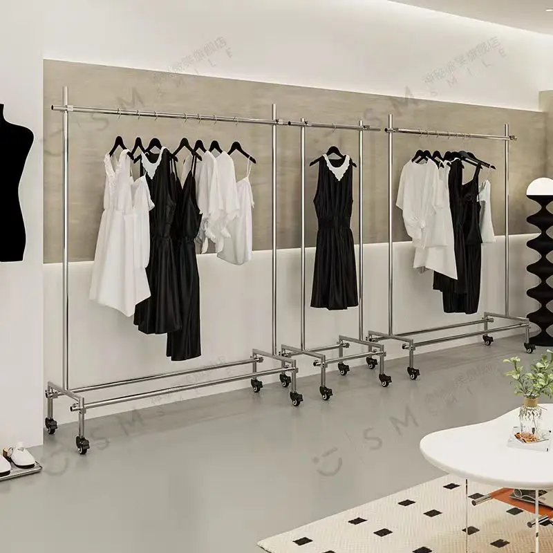 رفوف عرض متجر لبيع الملابس النسائية، متاجر ملابس النوافذ، مخصصة، من الفولاذ المقاوم للصدأ، من الأرض إلى السقف #4
