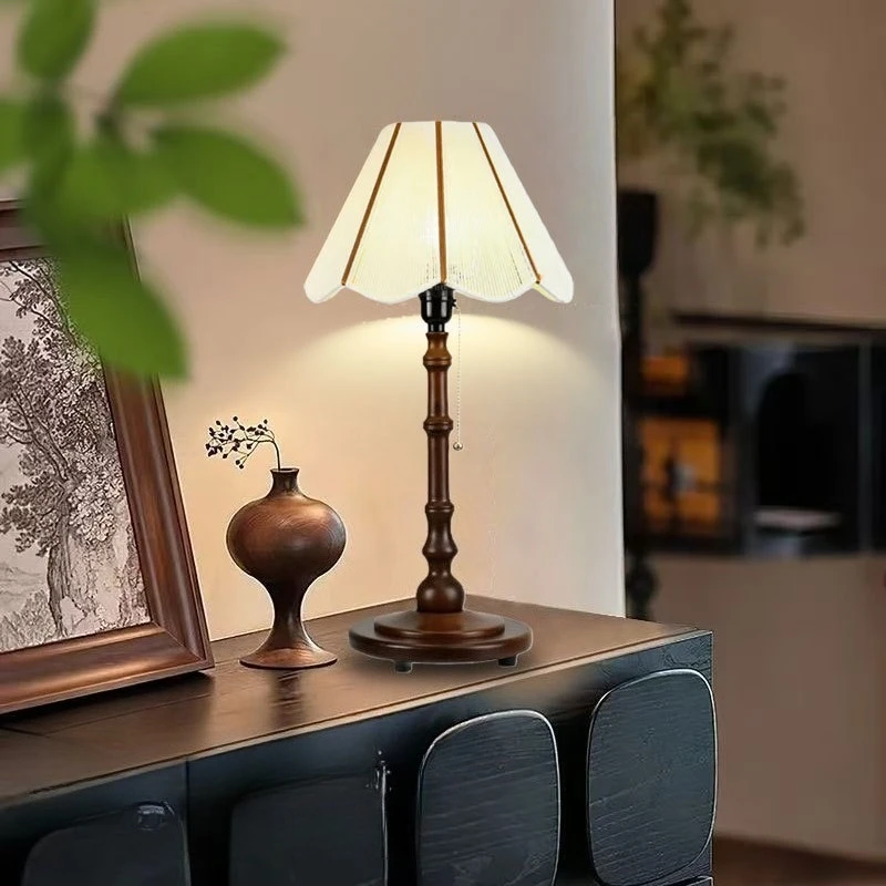 American Wooden Base Pull Wire LED Table Lamps Cotton Thread Lampshade Living Room Bedroom Restaurant Office Reading Desk Lights