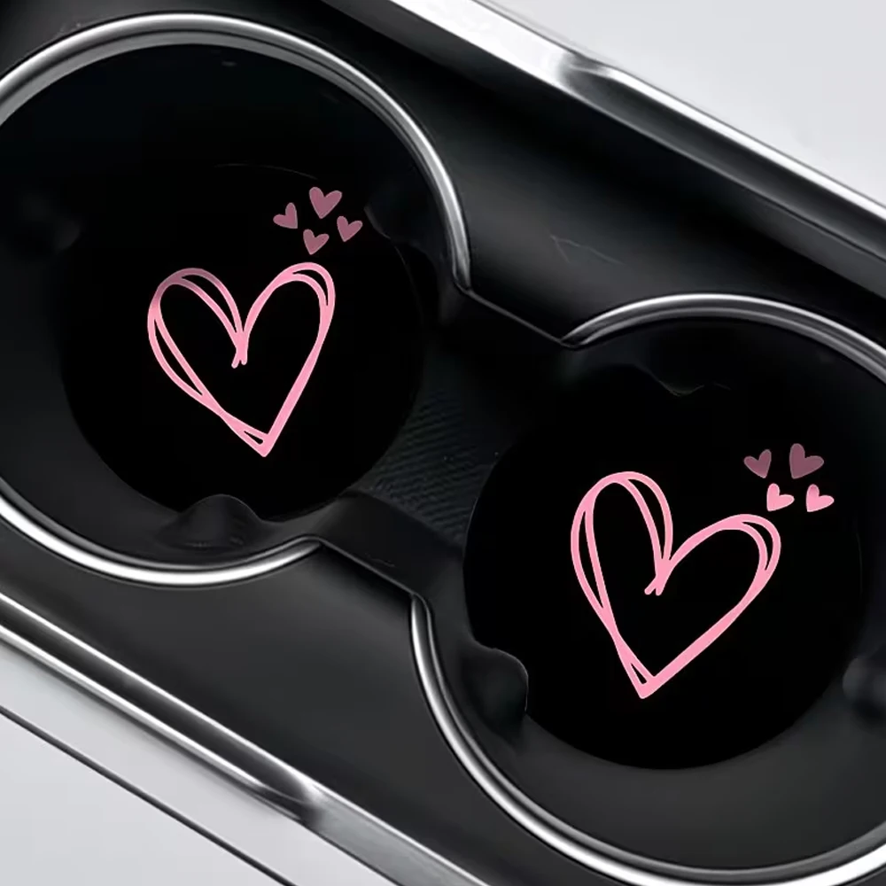 2 Pink Heart-Printed Car Coasters |   Water-Absorbent, Splash-Proof, Easy to Clean, Suitable for Office/Home/Car Use, Is an Ideal Gift for Valentine's Day/Birthday, Enhances the Interior Decoration of the Car, Compact and Portable.