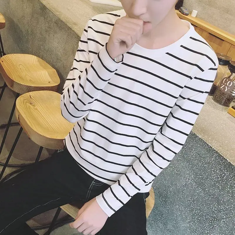 

Футболка Slim Fit Long Sve round Ne в полоску из ледяного шелка из гладкого материала, тонкий мужской внутренний костюм Base irt, летняя тенденция