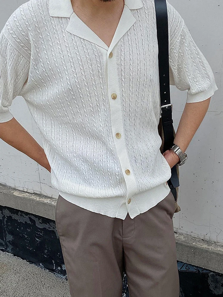 

Уличная мода вязаные рубашки мужские летние винтажные жаккардовые кардиганы с отложным воротником топы мужские новые повседневные тонкие трикотажные рубашки