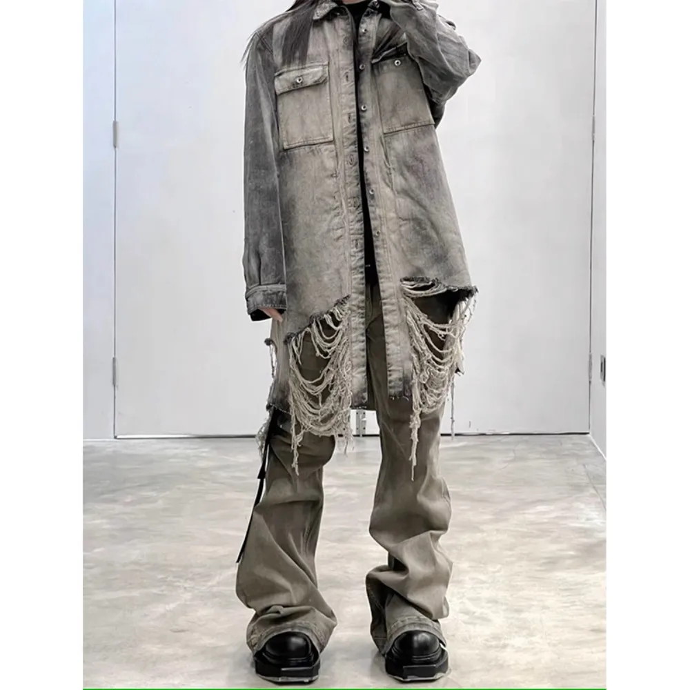 RO Style Vintage Desert Washed Horn Jeans Pants Mens Wide Legs Slimming Effect Stacking Mopping Wrinkling Wasteland Style Pants