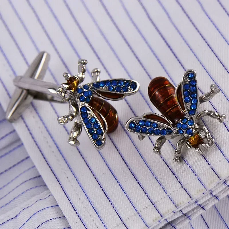 Bee Cufflinks High-grade Men\'s Daily Trendy Personality Accessories Blue Crystal Enamel French Shirts Business Cuff Links Gifts