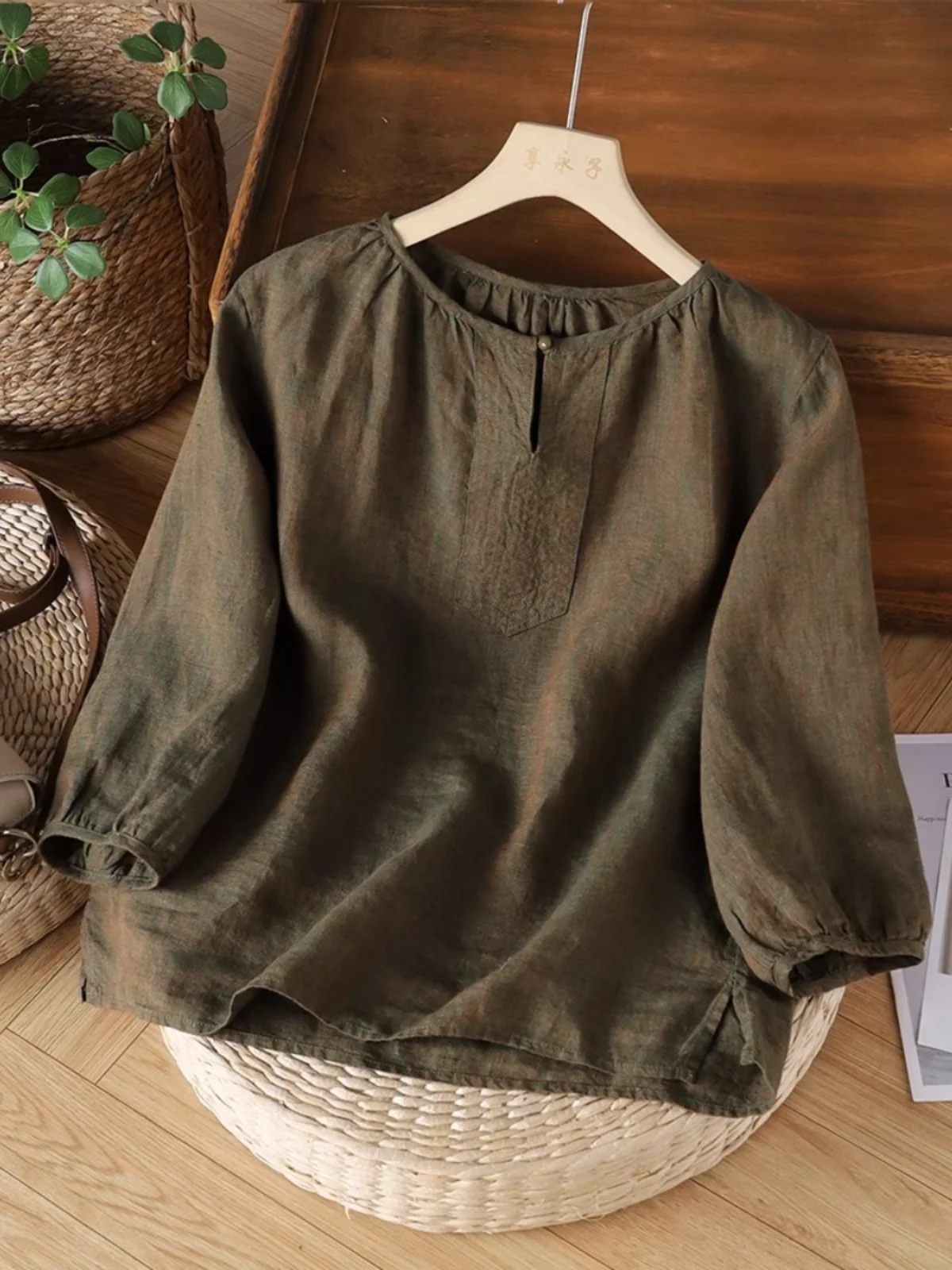 Lose Seven-Viertel Sve Small V-Ne Künstlerische Vintage Damen T-Shirt Sommer Neue Sle Pendeln Sle Reine Farbe Andere Mate...