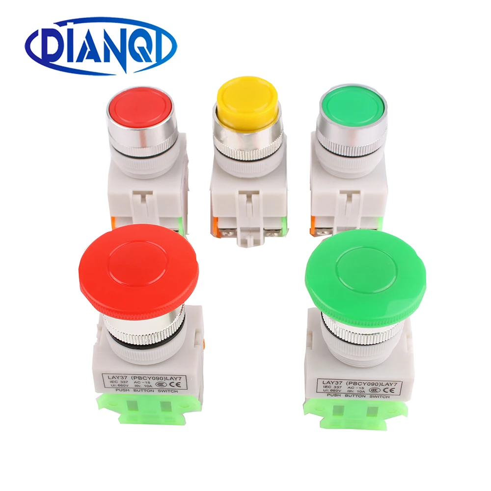 1 PC 22mm LAY37 Mushroom/Flat/High head Push Button Switches Green Red Yellow 1NO 1NC 10A250VAC