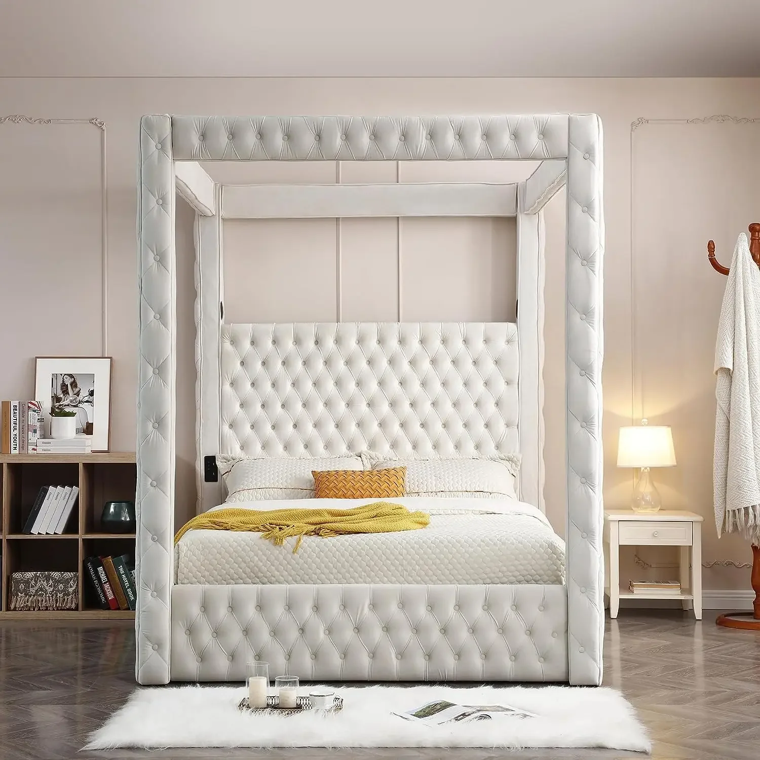 Woodpeckers Furniture And Mattress Luxurious Velvet Canopy Dream Bed with Speaker & USB Connection