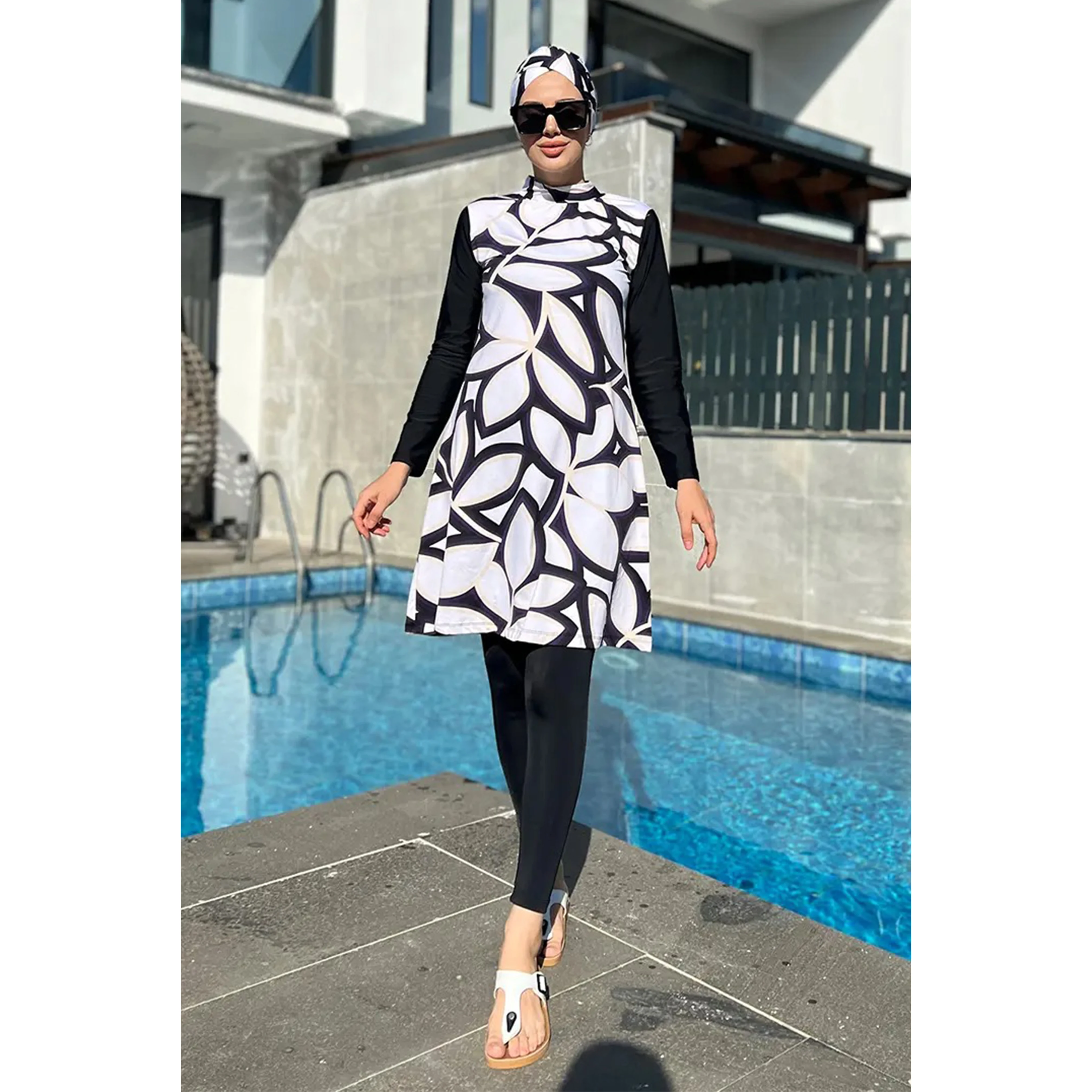 3 Pcs/Set Muslim Swimwear Women\'s Printed Stretch Full Cover Islamic Clothing Hijab Long Sleeve Sports Swimwear Burkini Swimwear