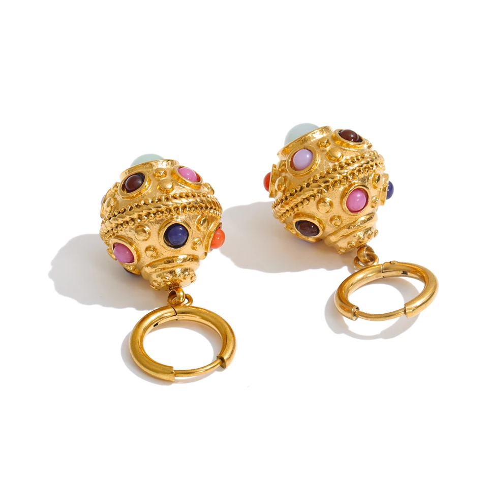 Yhpup 26g Edelstahl Runde Hängeohrringe 18K Goldfarbe PVD-beschichtet Naturstein Exquisiter Französischer Schmuck – Detail 3