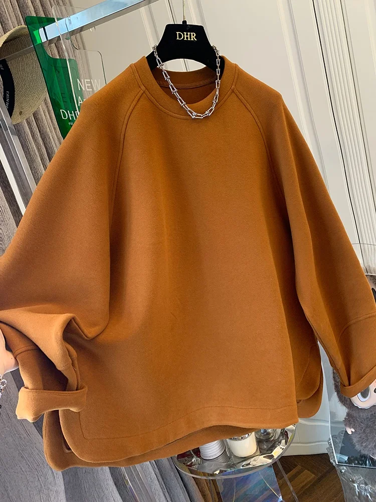 

Orange Fce Lined Thiened Casual round Ne T-irt Sweatirt Loose Top Women New Winter Sle Comfortable Breathable