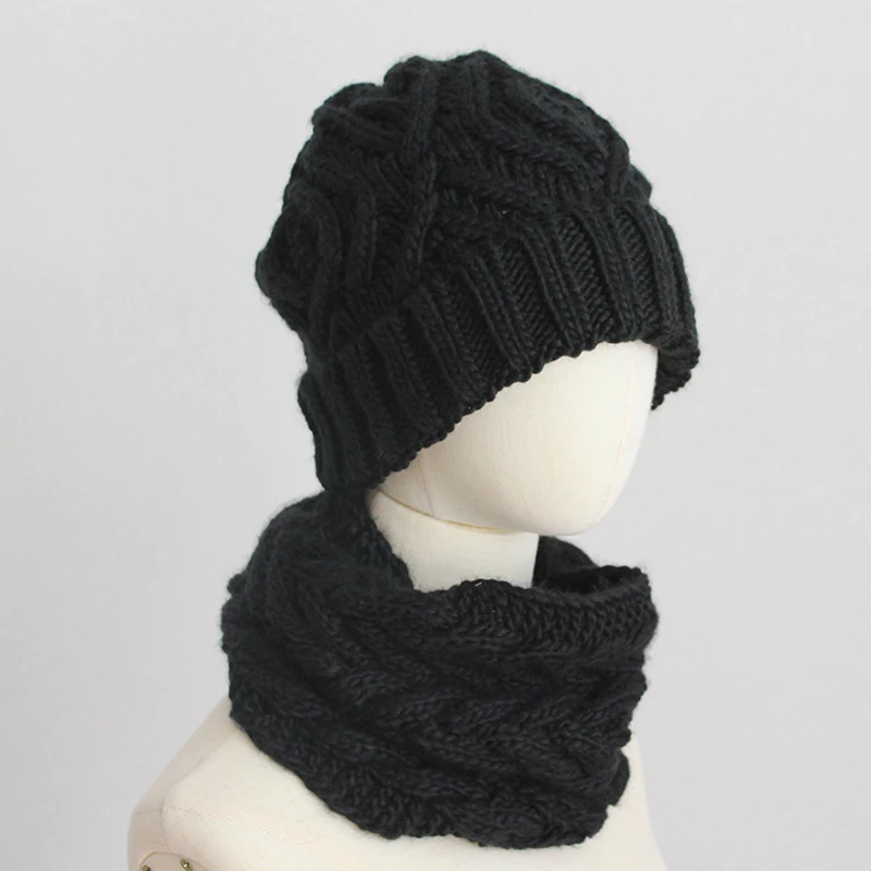 Women Winter Hat Scarf Set Solid Color Twist Knitted Winter Beanie Women Hat Snood Set