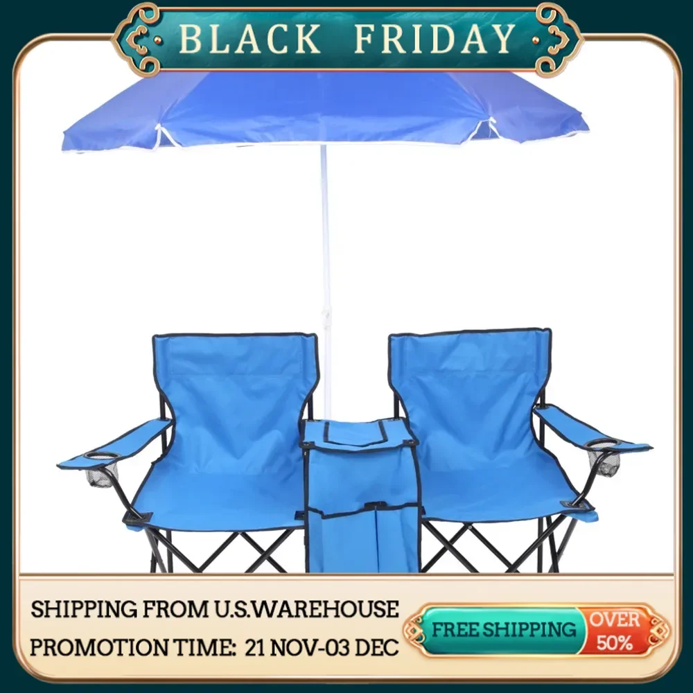 

Portable Outdoor 2-Seat Folding Chair with Removable Sun Umbrella Blue