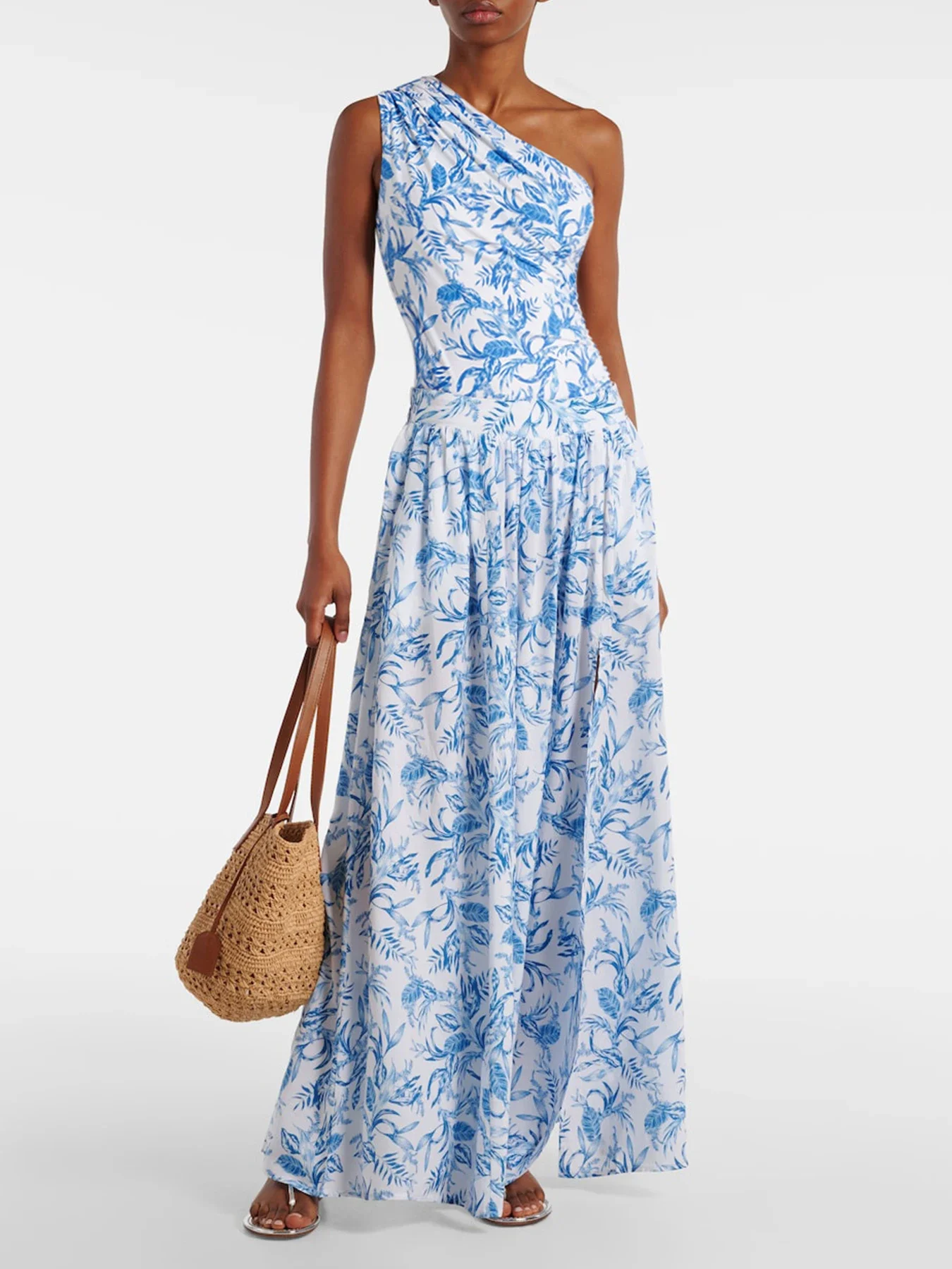 

2025 New Sexy One Shoulder One Piece Swimsuit And Beach Dress Women Swimwear Leaf Print Bathing Suit Beachwear Swimming Suit XL