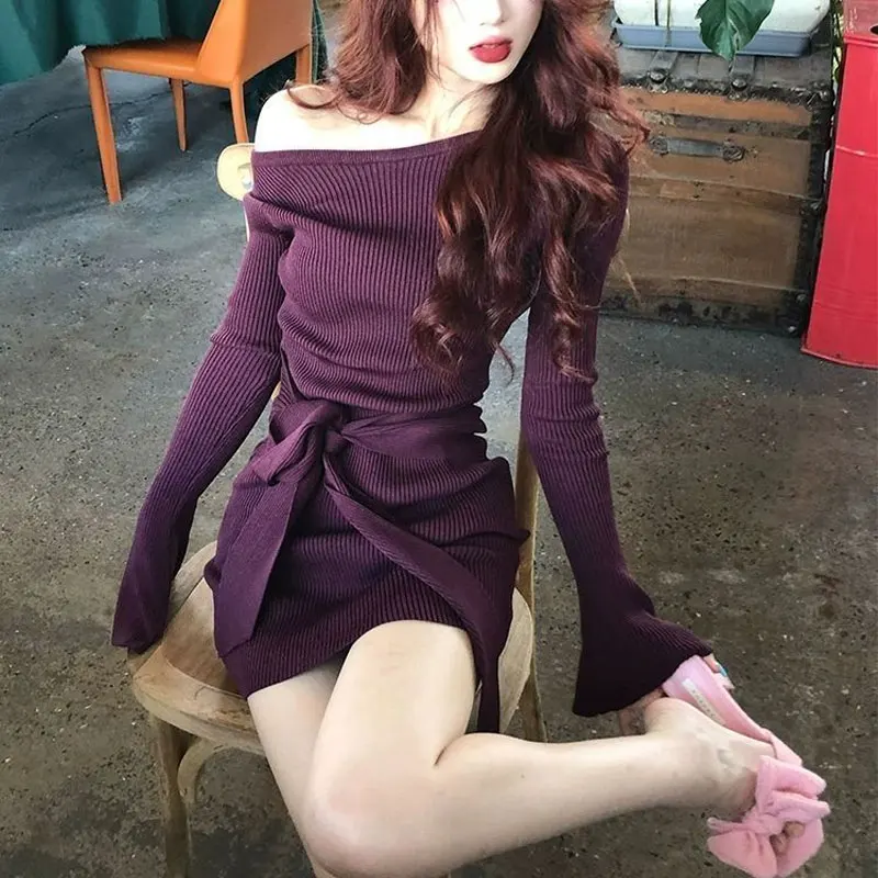 

Elegant Skew Collar Waist Mini Dress Women's Clothing Vintage Solid Color Aura Autumn Fashion Bandage Bag Hip Knitted Dresses