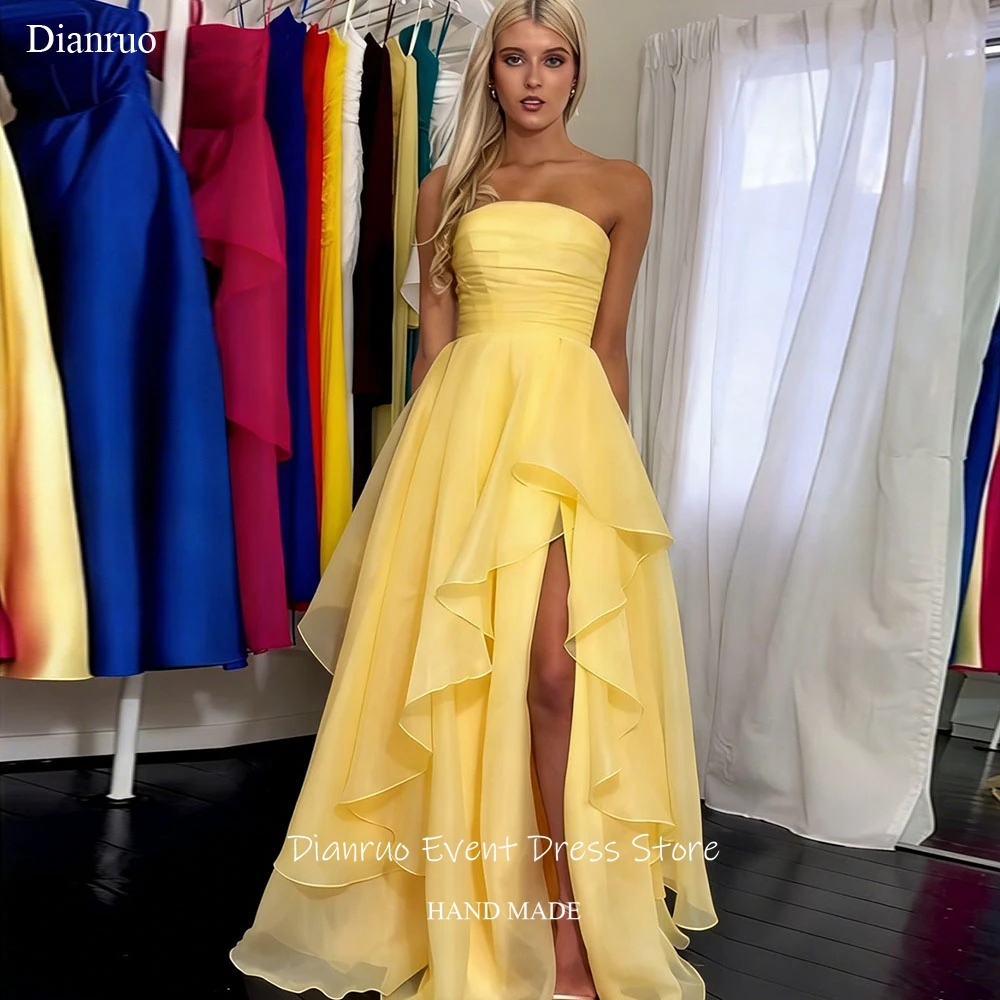 

Dianruo Bright Yellow A Line Evening Dresses Vivid Organza Vestidos Elegantes Sleeveless High Slit Layered Prom Gowns Customized