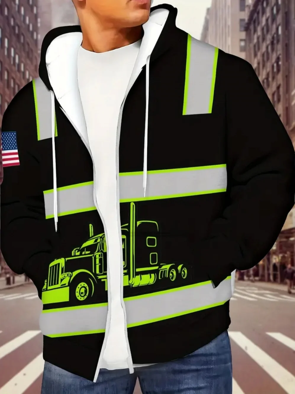 Herren 3D-Druck Neues Sicheres Logo Farbblock-Design Reißverschluss-Hoodie Lässiger Langarm-Pullover Arbeitskleidung Kapuzenpullover – Detail 8