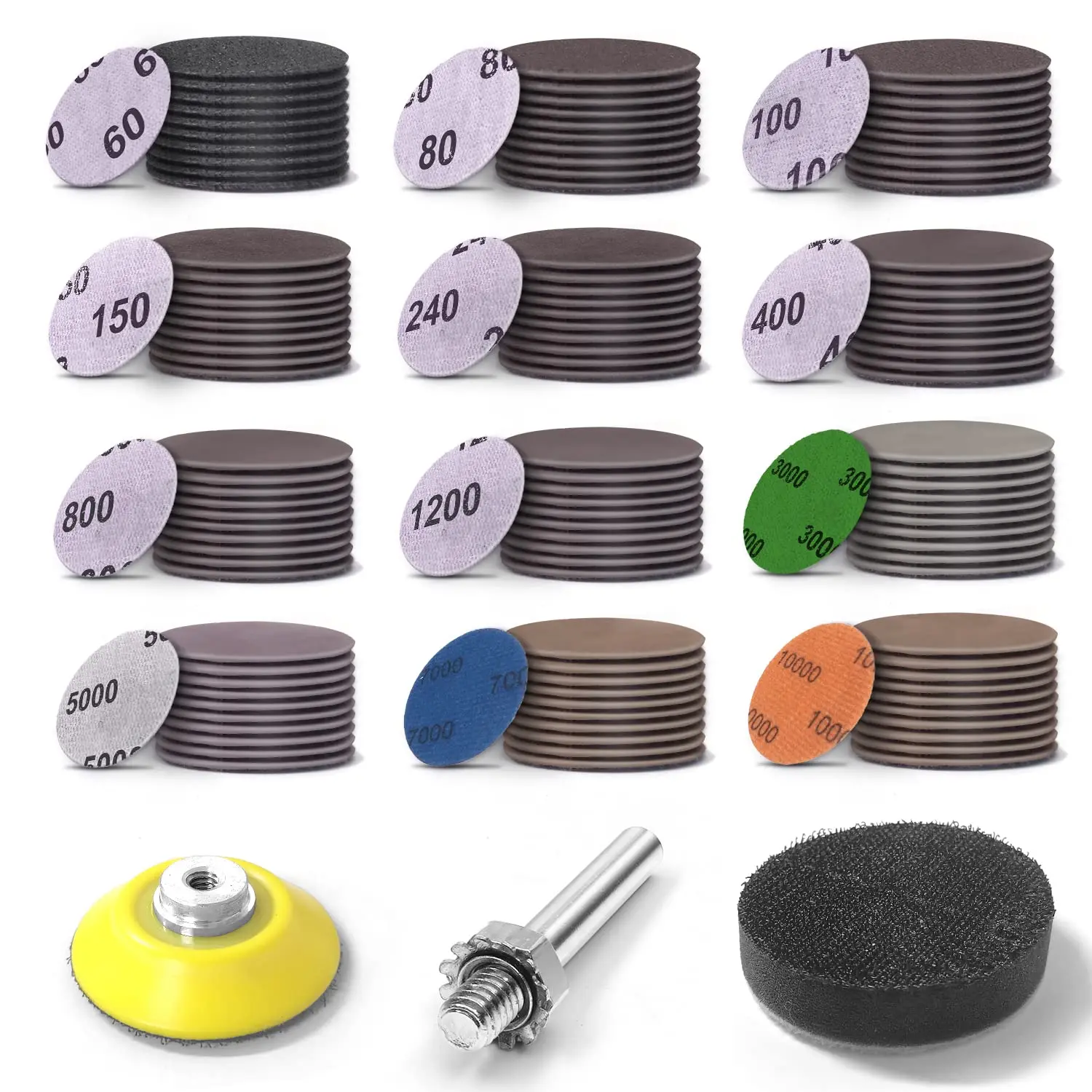 2 Inch Sanding Disc 120 Pcs Wet Dry Hook and Loop Sandpaper Pads Kit 60-10000 Grits 1/4 in Backer Plate and Foam Buffering Pad