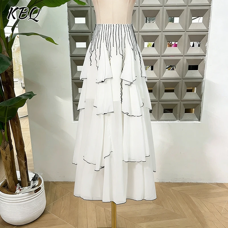 

KBQ Basics Elegant Folds Midi Skirt for Women High Waist Spliced Ruffles Sheer Chiffon Temperament Cake Skirts Female Winter New