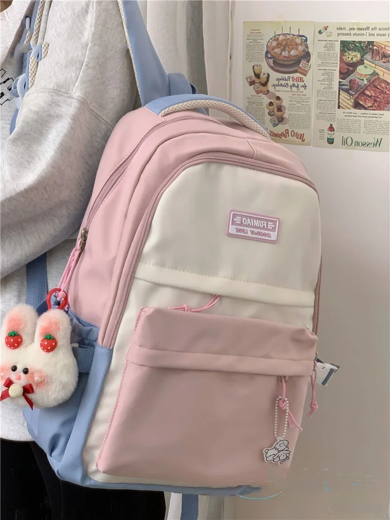 large-capacity-backpack-women's-korean-style-high-school-university-simple-match-double-shoulder-backpack-nylon-material-zipp