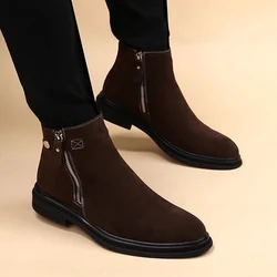 Genuine Leather Men Boots Korean Pointed Toe Ankle Boots British 2023 Winter Warm Suede Leather High Top Men Shoes Botas Hombre