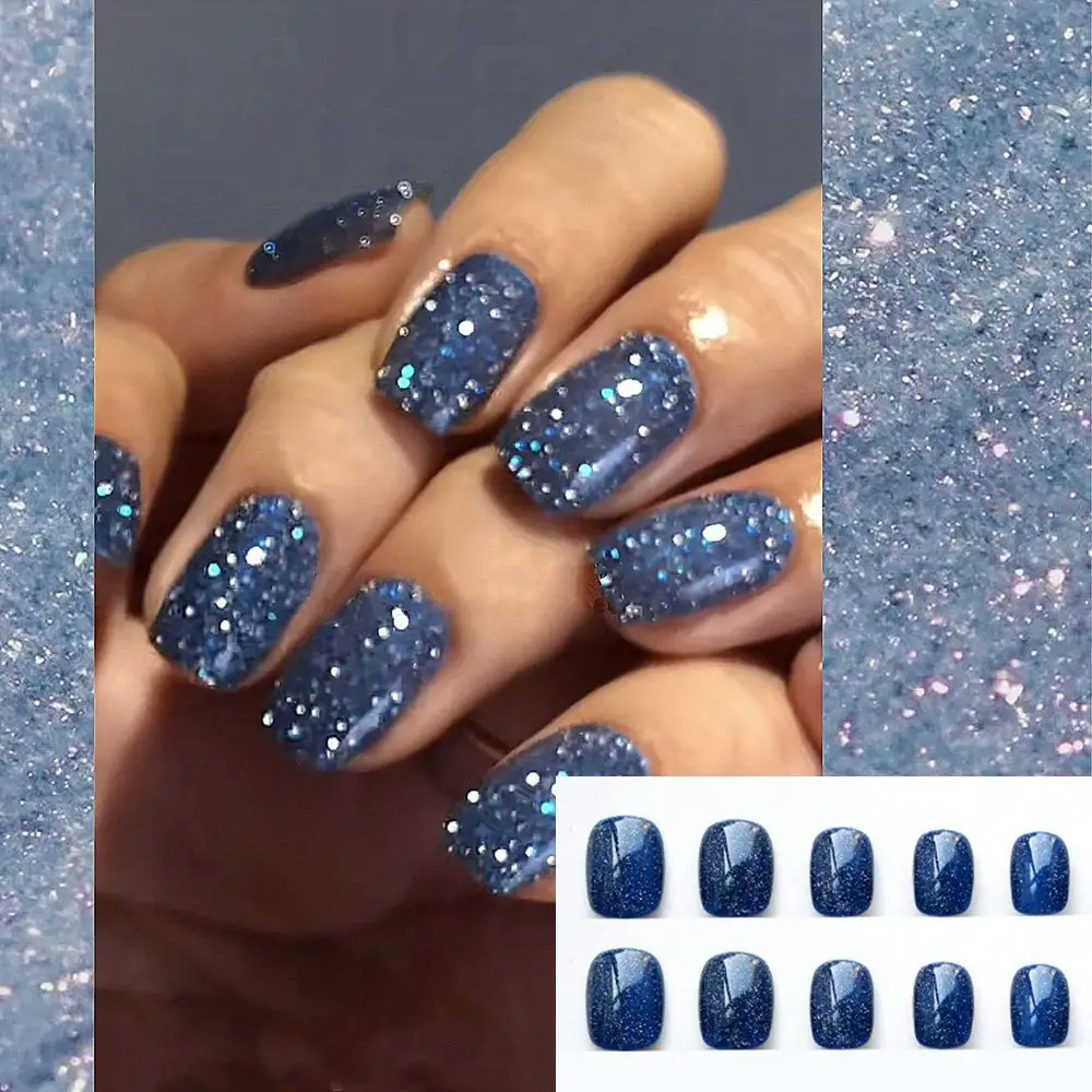 24 stks/doos afneembare korte ronde/vierkante kop kunstnagels draagbare glitter pailletten nepnagels volledige dekking nageltips druk op nagels