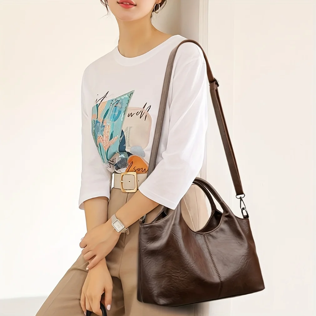 Women's Handbag, Large Capacity Elegant Detachable Crossbody & Handheld Shoulder Bag with Golden Tone Hardware, Zipper Closure