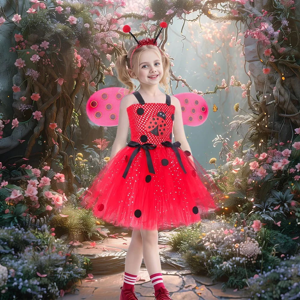 Girls Ladybug Costume Deluxe Animal Fancy Dress with Wings Baby Birthday Outfit Girl Tutu Dress Insect Costume for Halloween