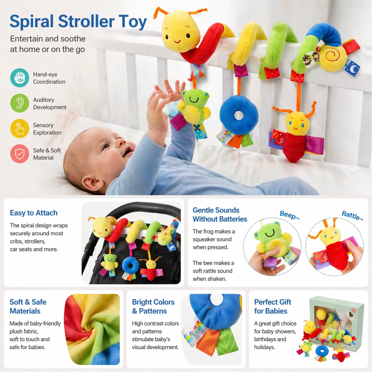 Baby Hanging Car Seat Toys Plush Activity Hanging Stroller Toys with BB Squeaker and Rattles For Newborn Travel Activity Toy